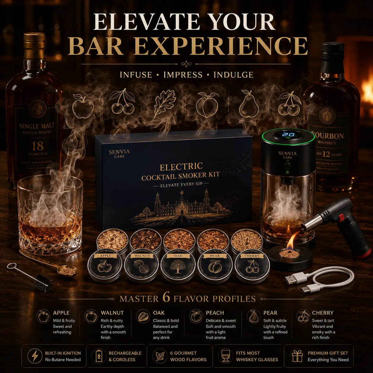 Electric Whiskey Smoker Kit - Rechargeable